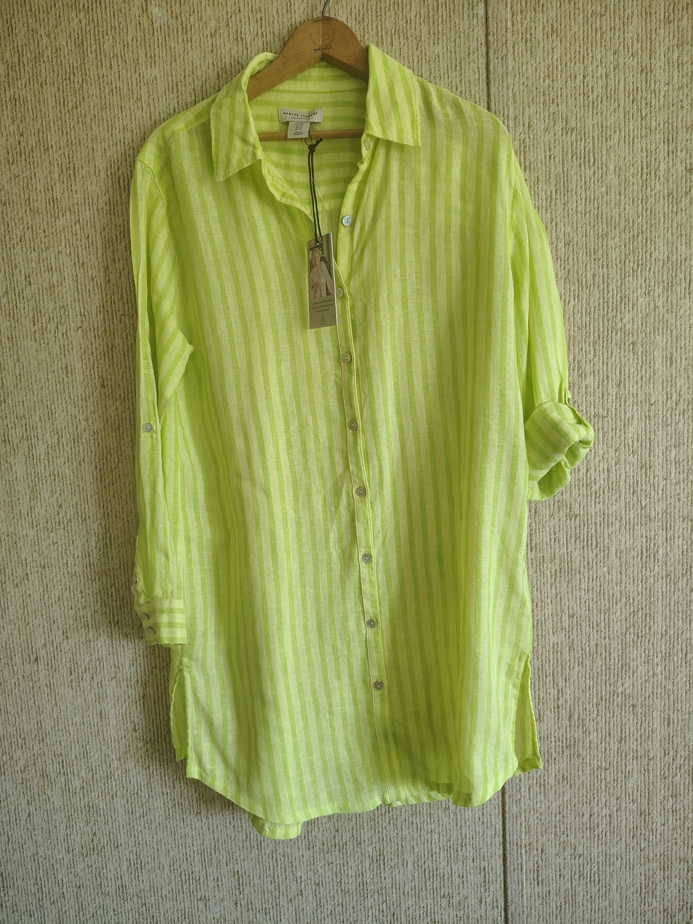 NEW Martha Stewart Lime Green Longline Linen Blend Button Down Shirt, Sz M